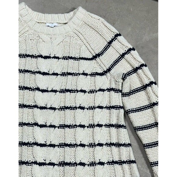 J Jill Sweater Womens Large Ivory Blue Stripe Cable Knit Nautical Crew Neck - Picture 3 of 9